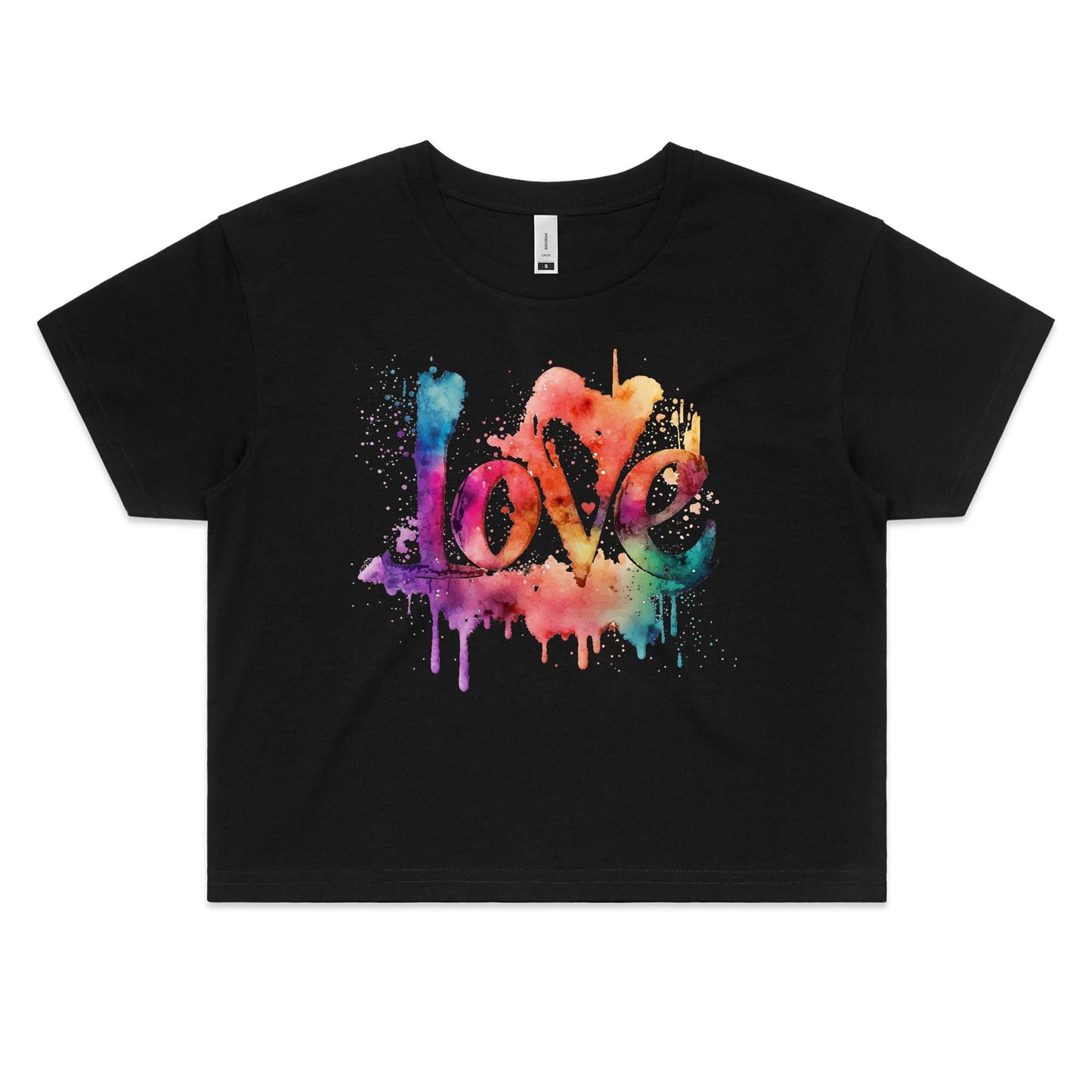 "Love" Women's Cotton Crop Tee with Rainbow Watercolour - Da Boss Mango AU - Black