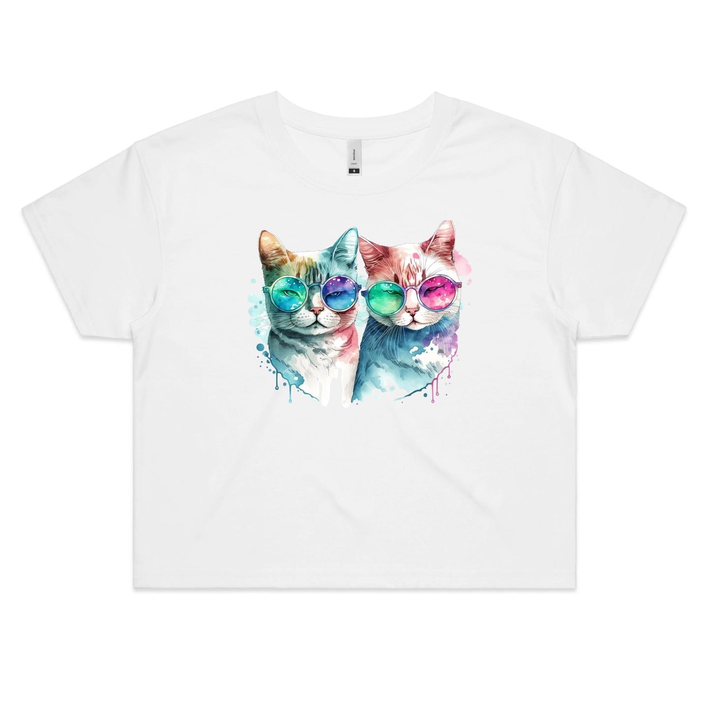 Cool Cats with Sunglasses Valentine Women's Crop Cotton Tee- Da Boss Mango AU - White