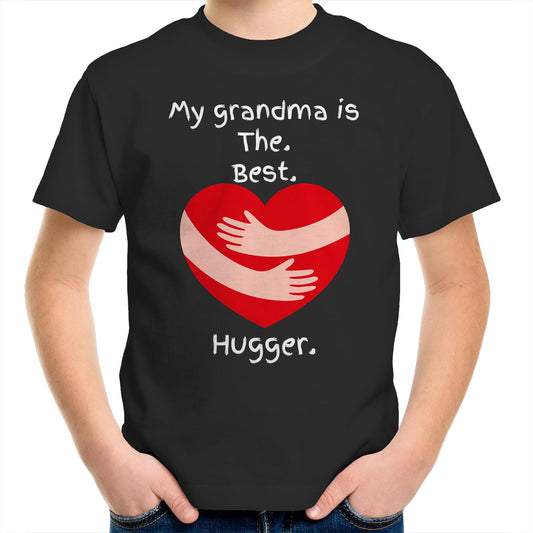 My grandma is The. Best. Hugger. Kids Youth Cotton T-Shirt for Boys Size 2, 4, 6, 8, 10, 12, 14 - Da Boss Mango AU - Black