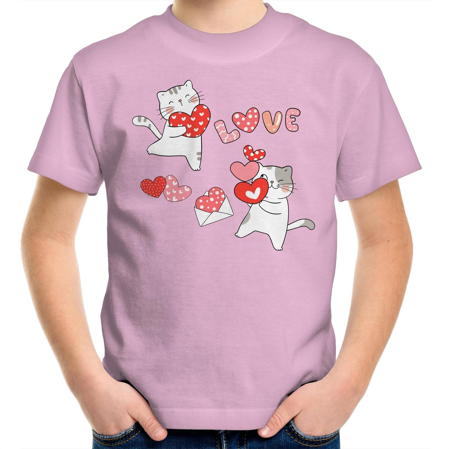 Cute Cat Couple Valentine Kids Youth Crew Cotton T-Shirt - Size 2, 4, 6, 8, 10, 12, 14 - Da Boss Mango AU - White