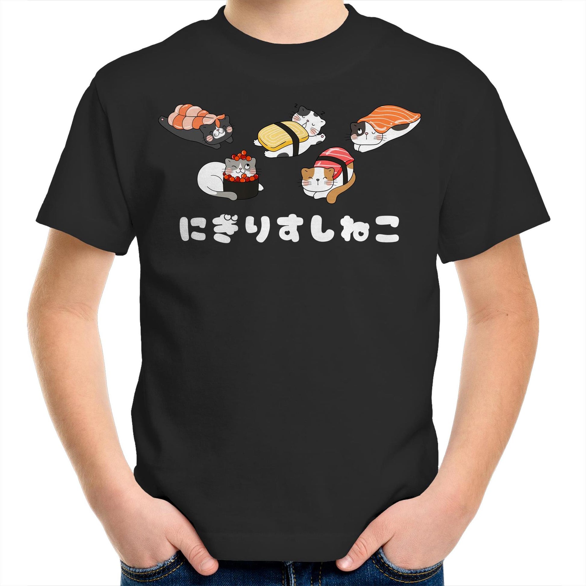 Cute Kawaii Nigiri Sushi Cats Kids Youth Cotton Crew T-Shirt for Boys & Girls - Da Boss Mango AU - Black