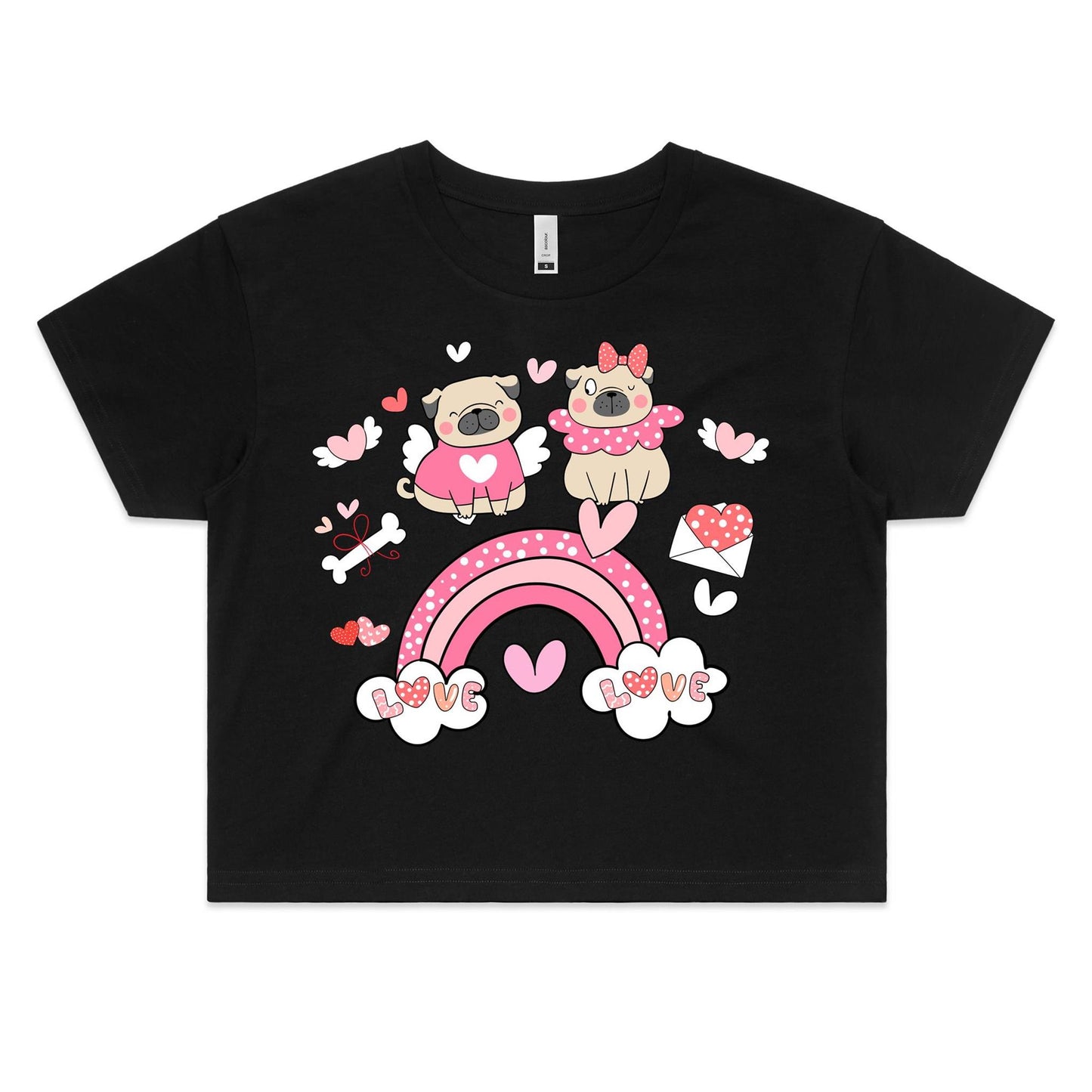 Cute Pug Couple's Date Over the Rainbow Valentine Women's Kawaii Cotton Crop Tee - Da Boss Mango AU - Black