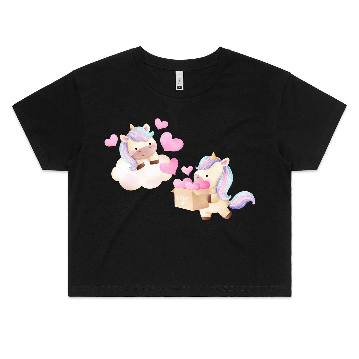 Kawaii Unicorn Valentine Women's Cute Cotton Crop Tee - Da Boss Mango AU - Black