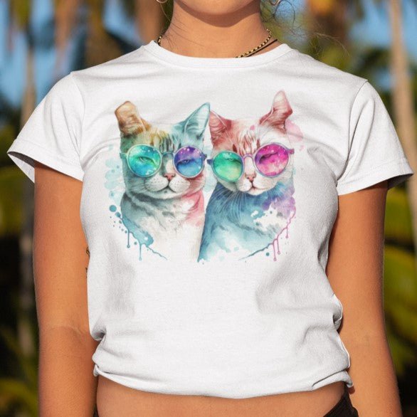 Cool Cats with Sunglasses Valentine Women's Crop Cotton Tee on a young girl - Da Boss Mango AU - White