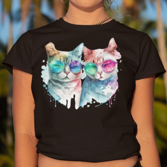 Cool Cats with Sunglasses Valentine Women's Crop Cotton Tee on a young girl - Da Boss Mango AU - Black