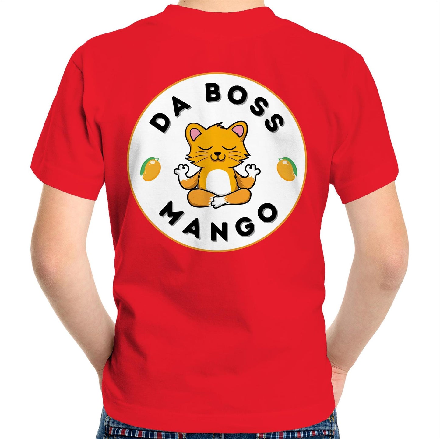 Da Boss Mango Kids Youth Crew Cotton T-Shirt Logo on back - Size 2, 4, 6, 8, 10, 12,14 - Da Boss Mango AU - Red