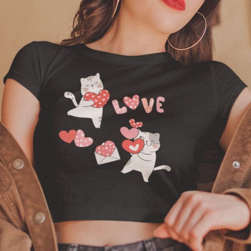 Young Lady Wearing Cute Cat Valentine Women's Crop Cotton Tee - Kawaii Crop top for Cat lovers - Da Boss Mango AU - Black