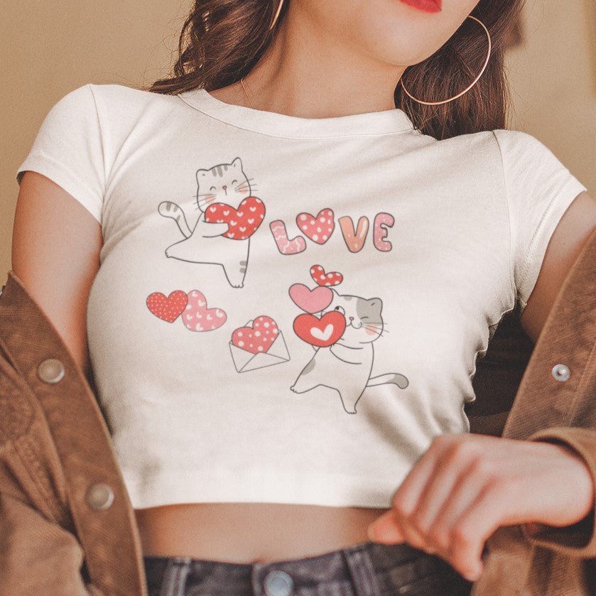 Young Lady Wearing Cute Cat Valentine Women's Crop Cotton Tee - Kawaii Crop top for Cat lovers - Da Boss Mango AU - White