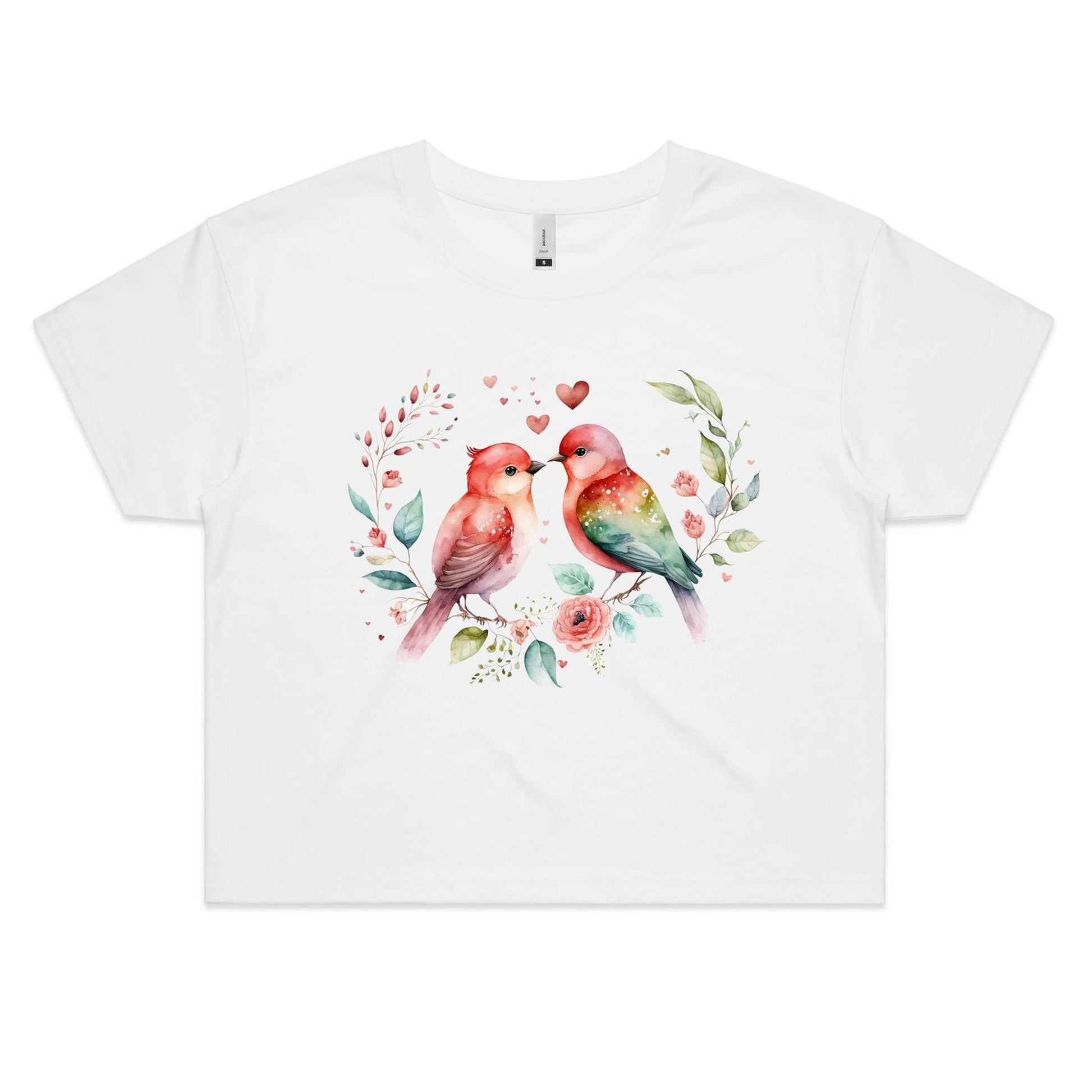 Love Birds Valentine Watercolour Women's Cotton Crop Tee - Da Boss Mango AU - White