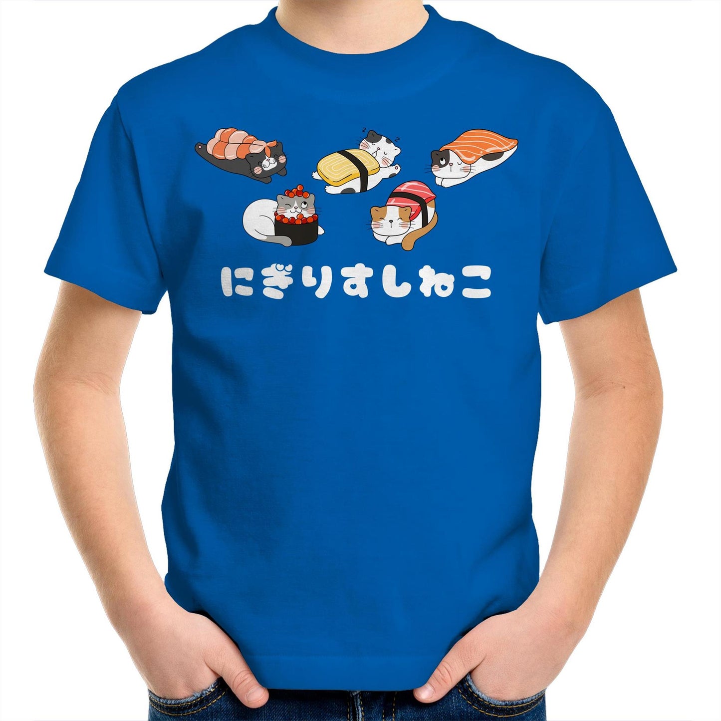 Cute Kawaii Nigiri Sushi Cats Kids Youth Cotton Crew T-Shirt for Boys & Girls - Da Boss Mango AU - Bright Royal Blue