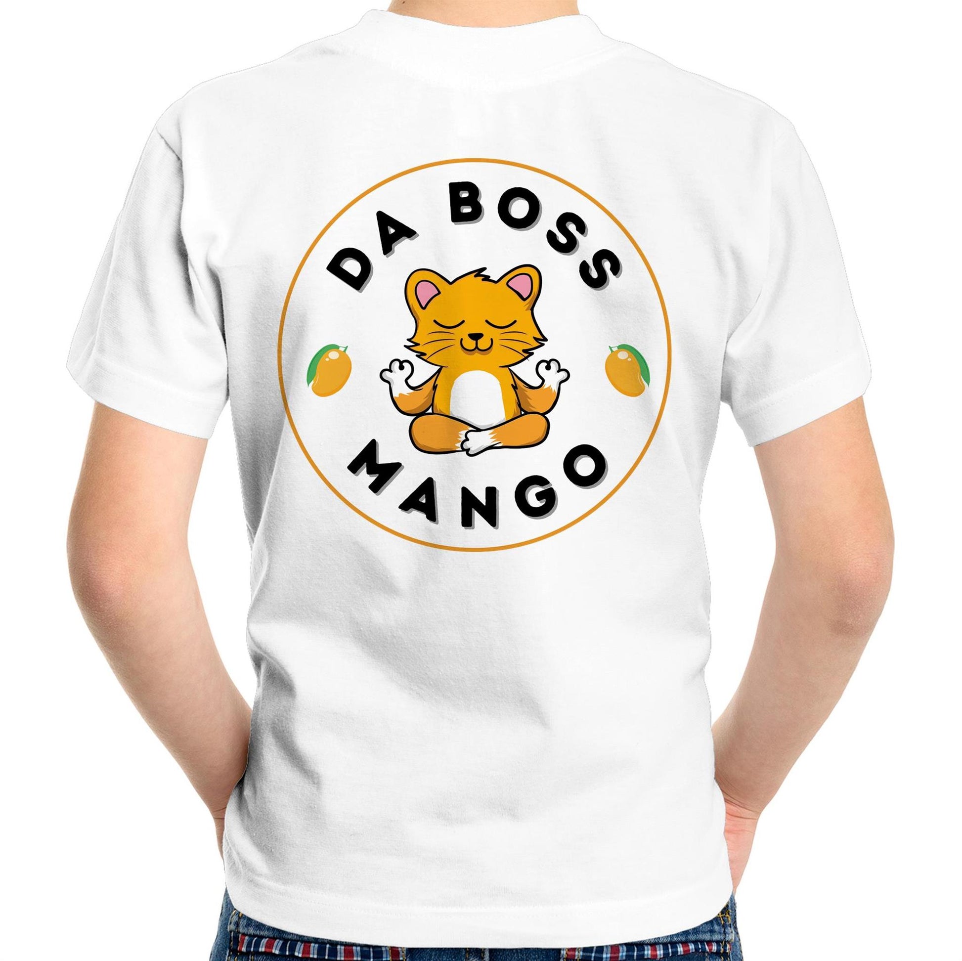 Da Boss Mango Kids Youth Crew Cotton T-Shirt Logo on back - Size 2, 4, 6, 8, 10, 12,14 - Da Boss Mango AU - White