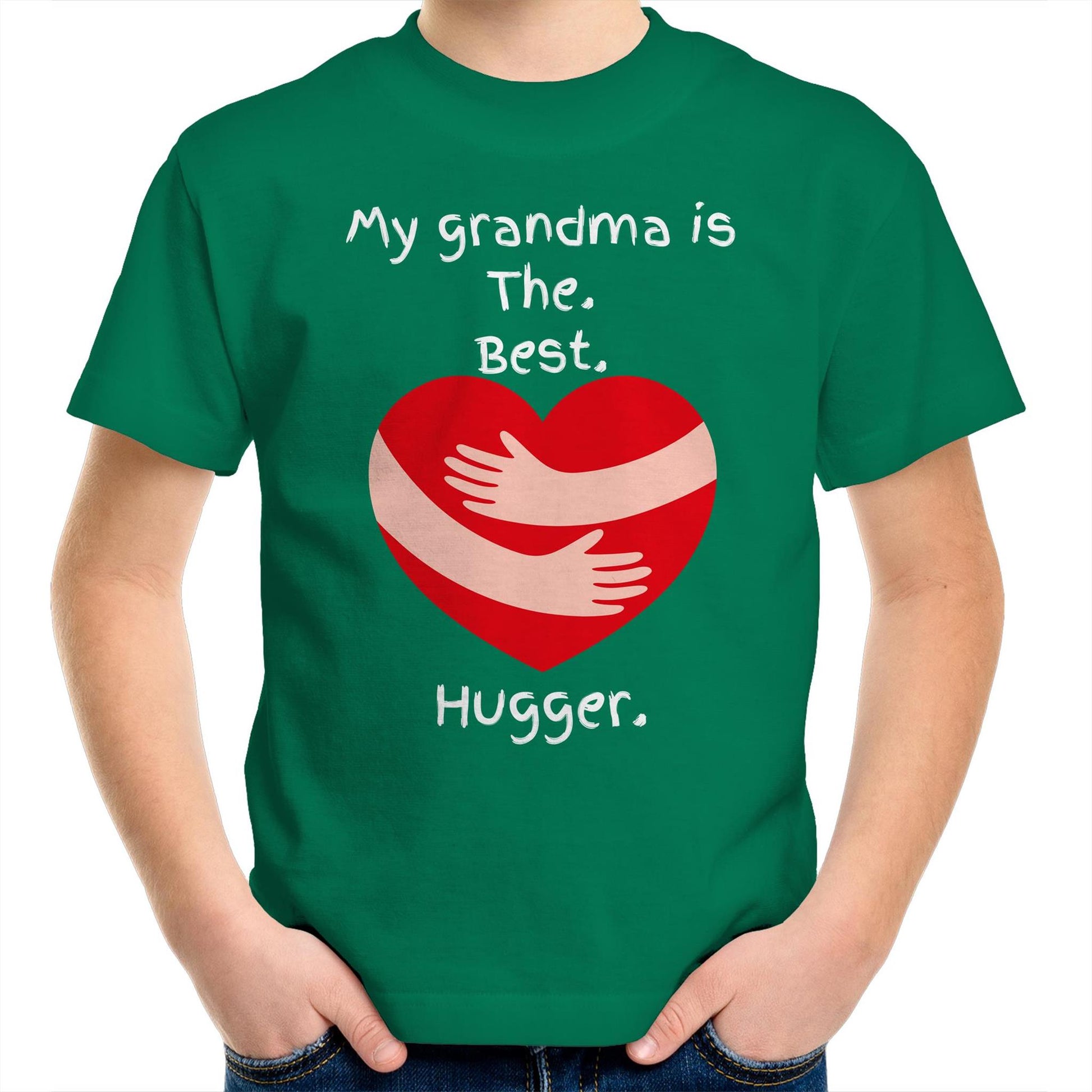 My grandma is The. Best. Hugger. Kids Crew Cotton T-Shirt for Boys Size 2, 4, 6, 8, 10, 12, 14 - Da Boss Mango AU - Green