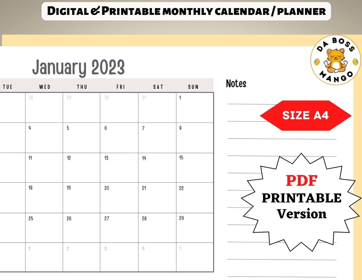 Da Boss Mango Digital & Printable 2023 Monthly Calendar for kids (PDF file downloads) - Da Boss Mango AU -