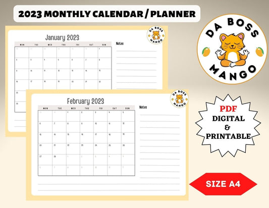 Da Boss Mango Digital & Printable 2023 Monthly Calendar for kids (PDF file downloads) - Da Boss Mango AU -