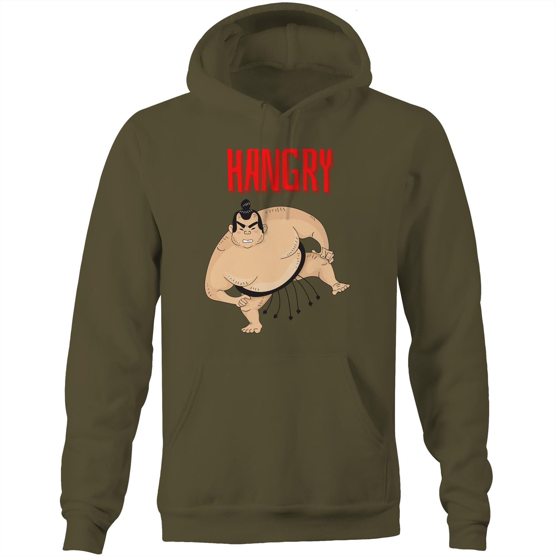 "Hangry" Funny Unisex Pocket Hoodie Sweatshirt Pullover for Men and Women - Da Boss Mango AU - Army Green