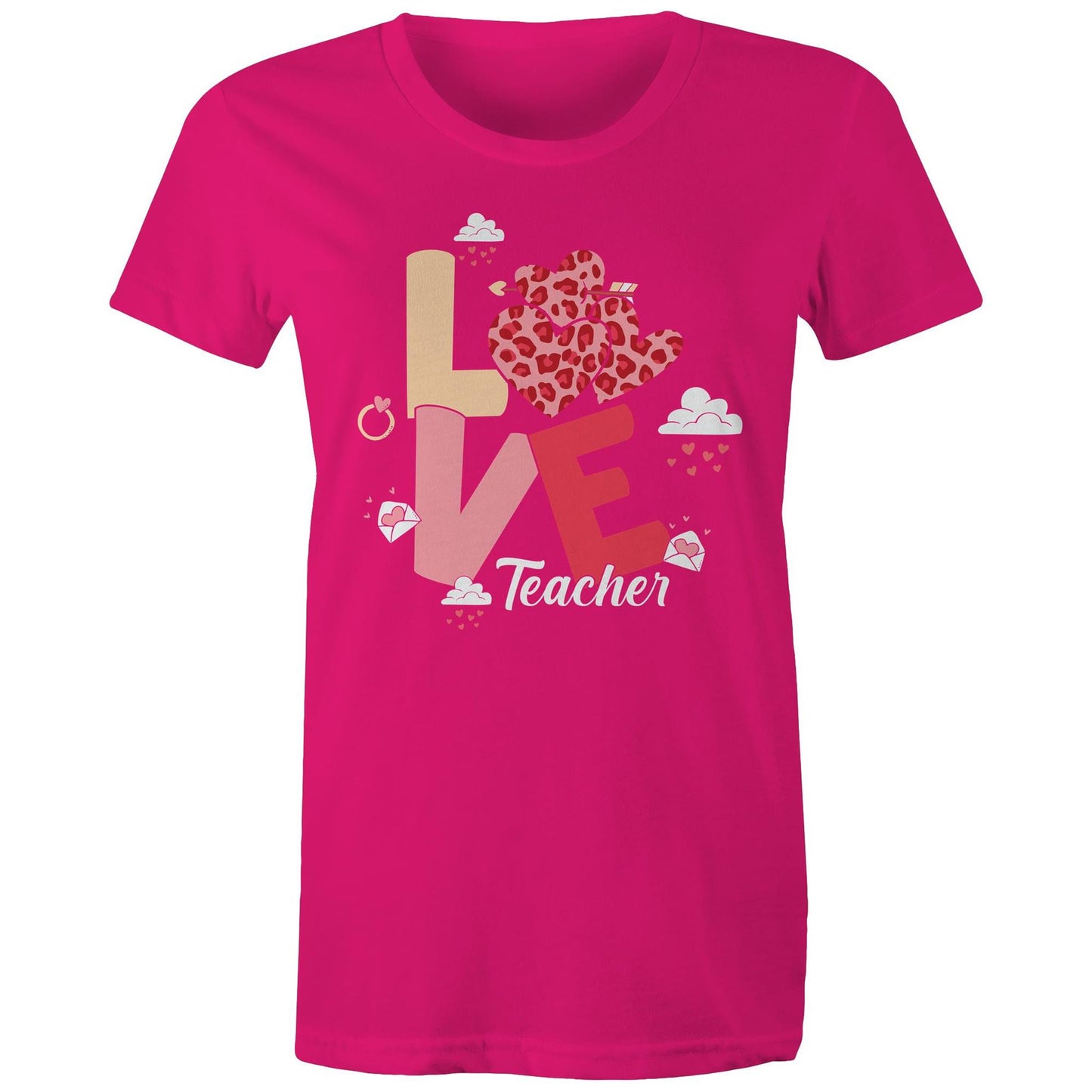 Love Teacher Women's Maple Cotton T-Shirt - Gift for Teachers - Da Boss Mango AU - Fuchsia Pink