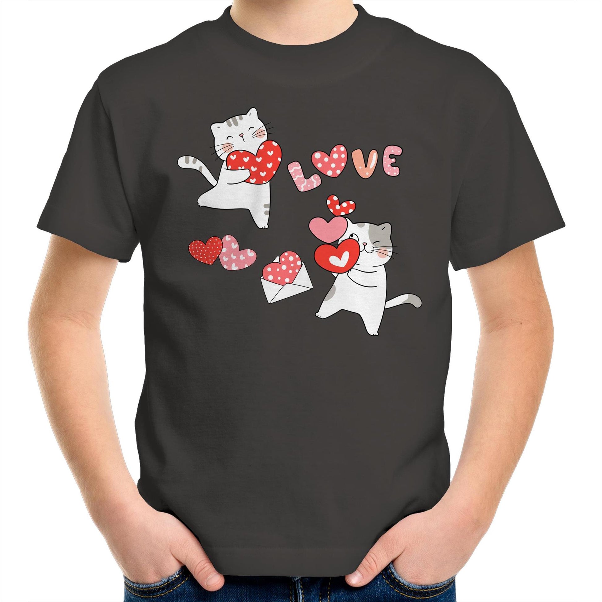 Cute Cat Couple Valentine Kids Youth Crew Cotton T-Shirt - Size 2, 4, 6, 8, 10, 12, 14 - Da Boss Mango AU - Charcoal