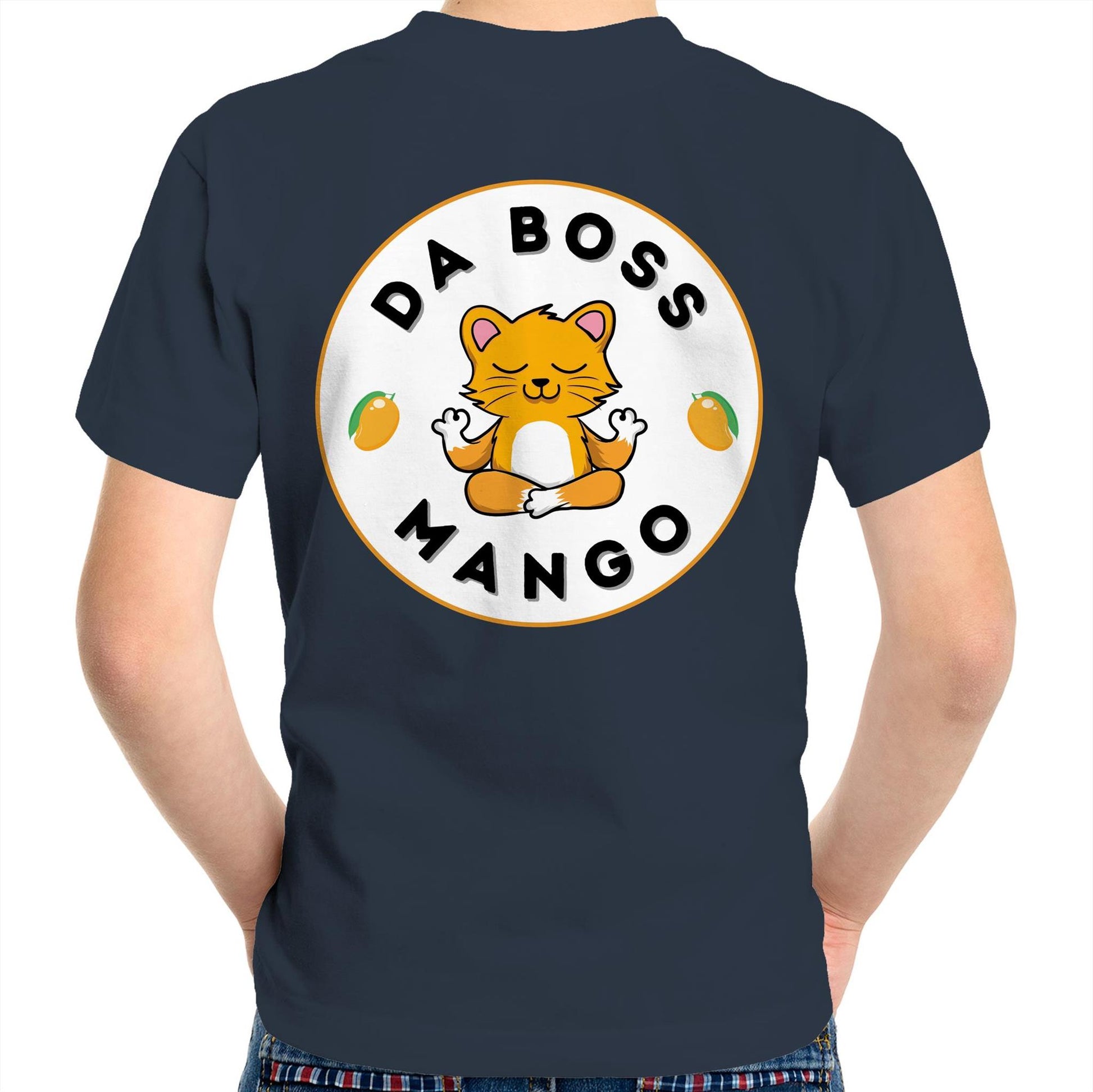 Da Boss Mango Kids Youth Crew Cotton T-Shirt Logo on back - Size 2, 4, 6, 8, 10, 12,14 - Da Boss Mango AU - Navy