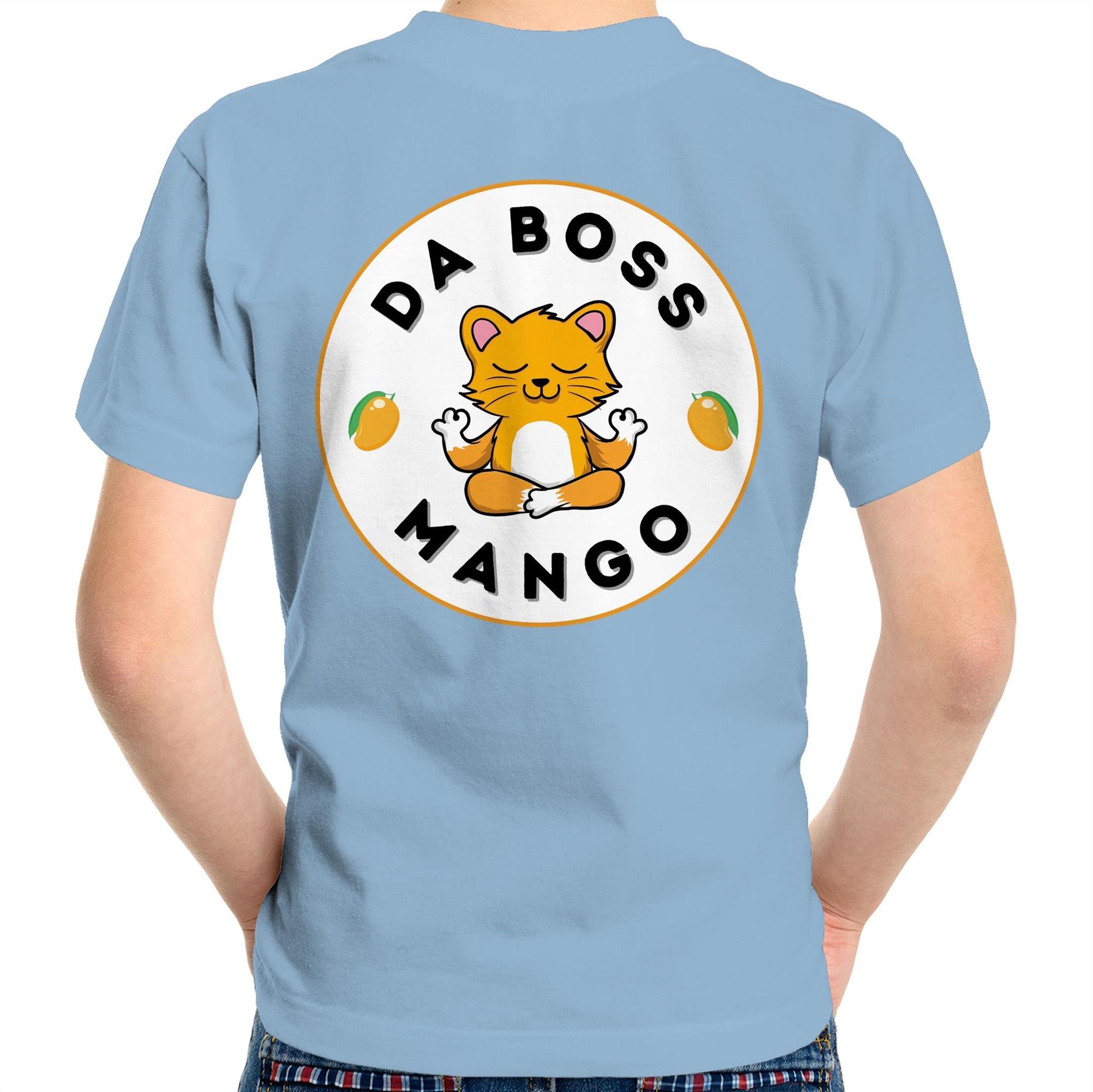 Da Boss Mango Kids Youth Crew Cotton T-Shirt Logo on back - Size 2, 4, 6, 8, 10, 12,14 - Da Boss Mango AU - Carolina Blue