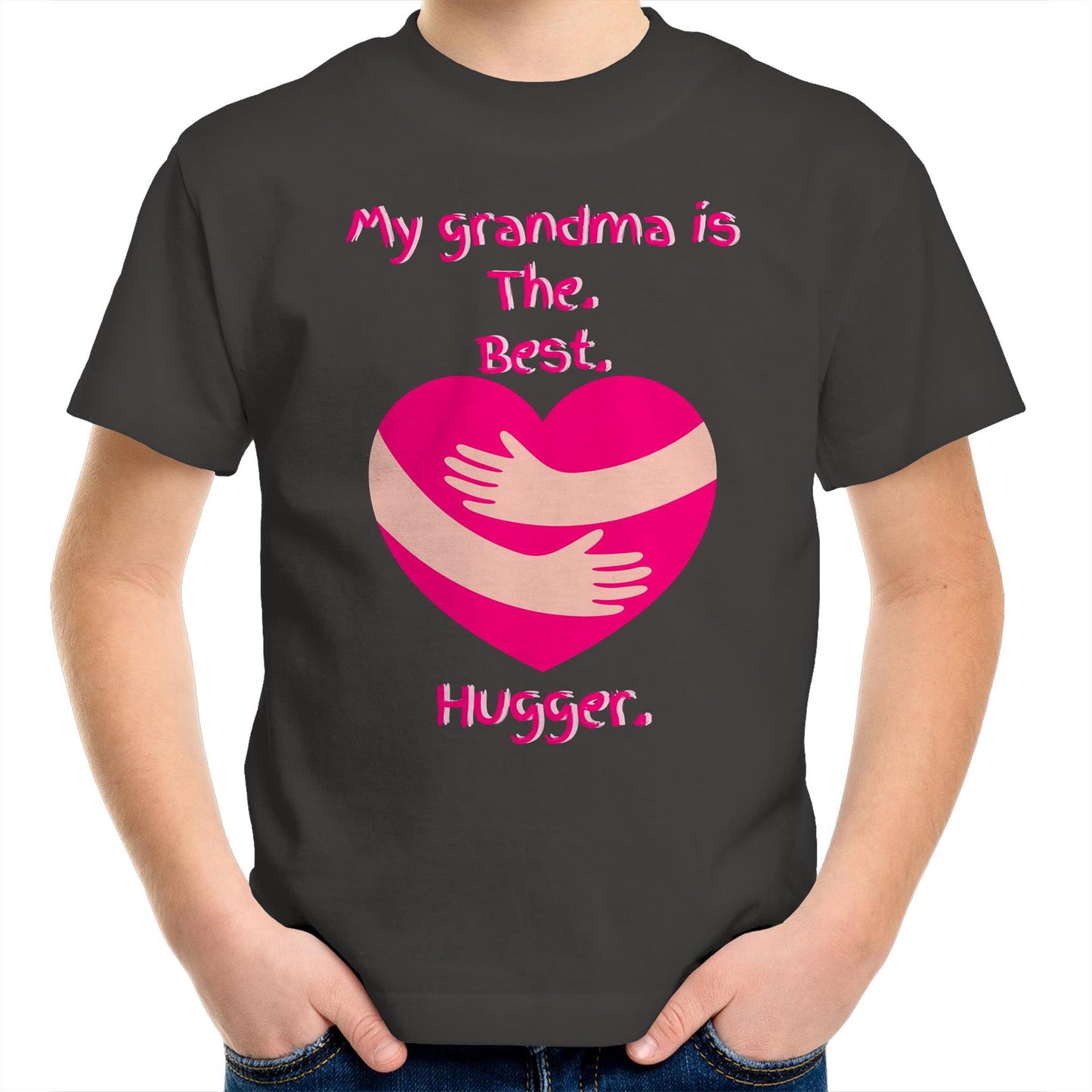 My grandma is The. Best. Hugger. Kids Cotton T-Shirt for Girls Size 2, 4, 6, 8, 10, 12, 14 - Da Boss Mango AU - Charcoal