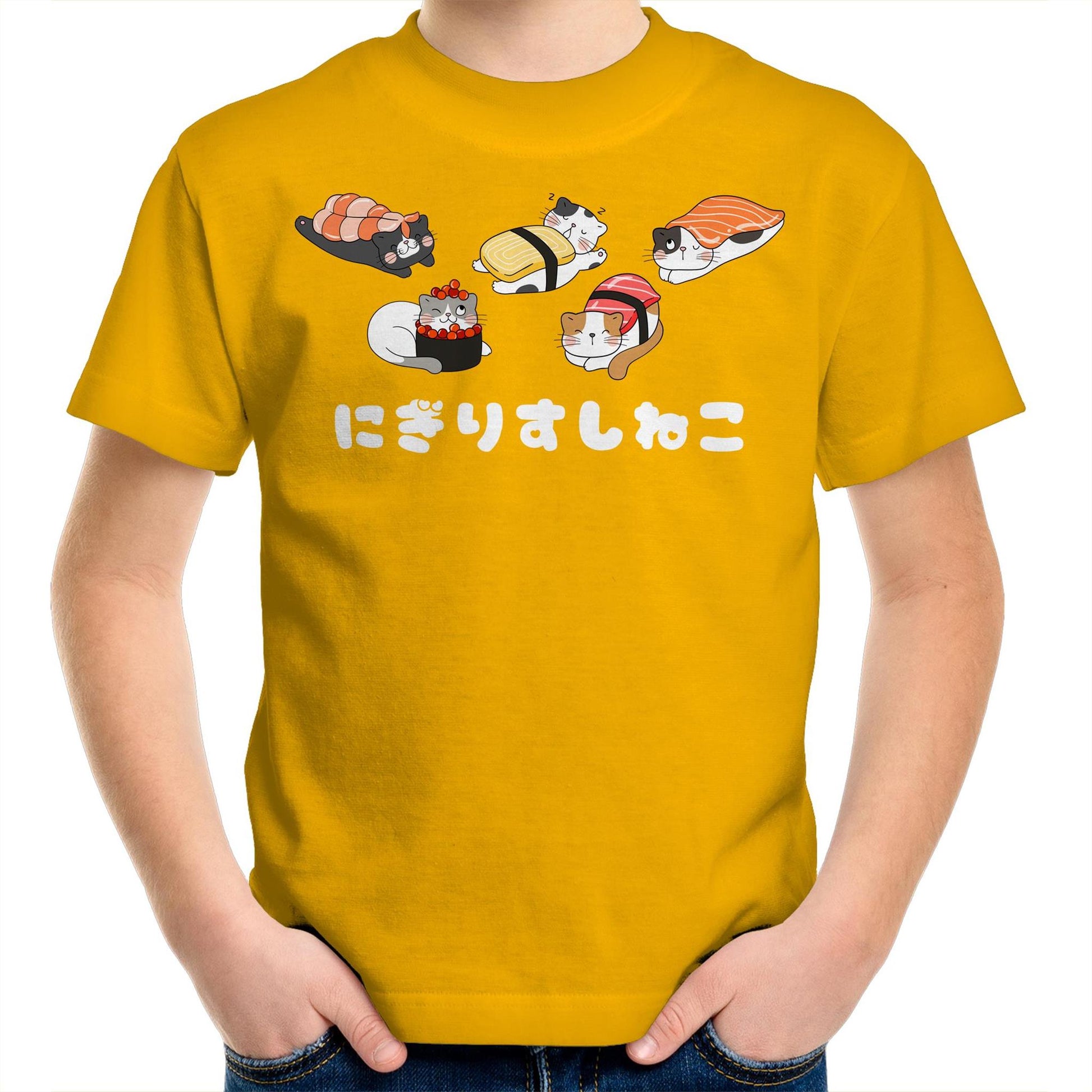 Cute Kawaii Nigiri Sushi Cats Kids Youth Cotton Crew T-Shirt for Boys & Girls - Da Boss Mango AU - Gold