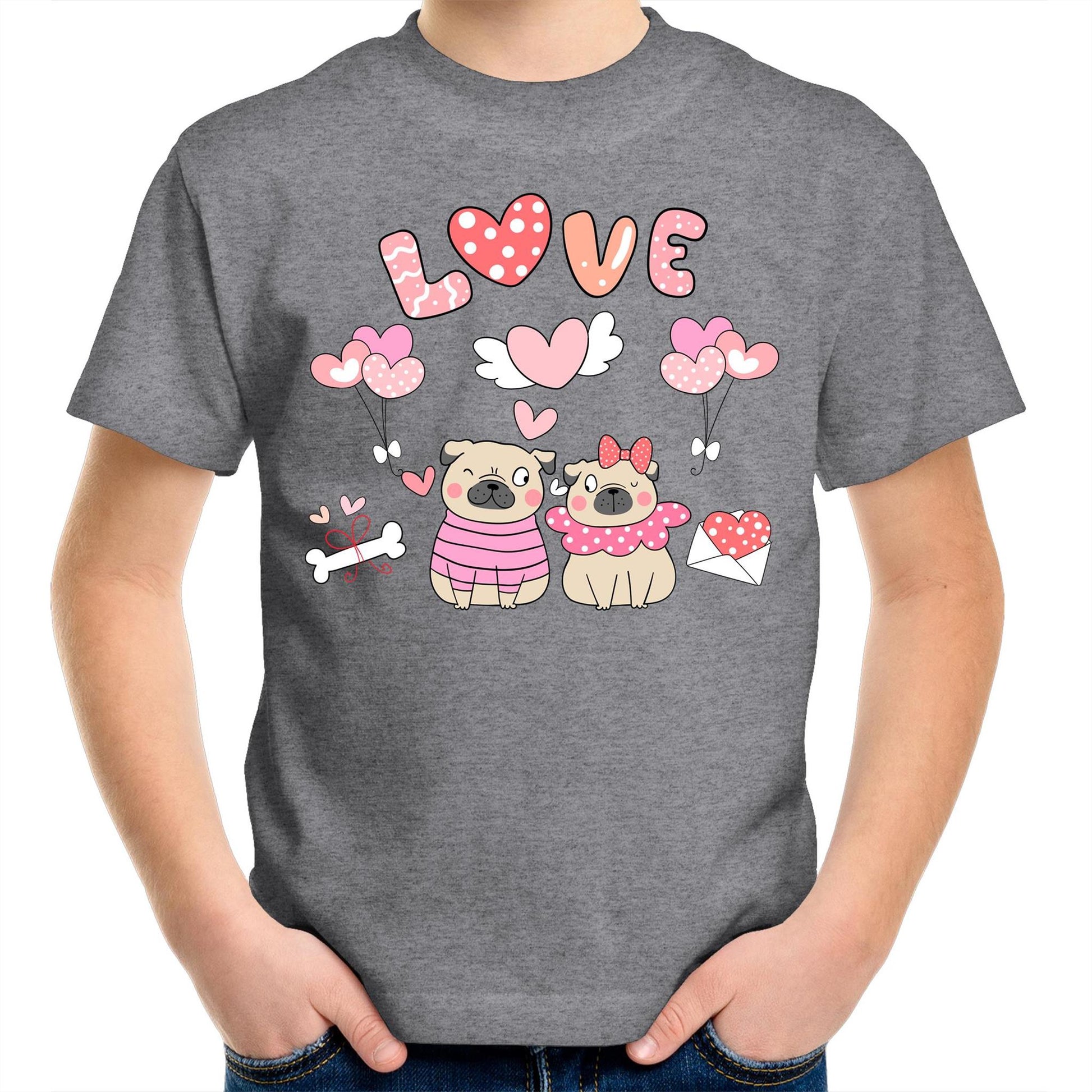 Kawaii Pug Couple Valentine Kids Youth Cotton Crew T-Shirt - Size 2, 4, 6, 8. 10, 12, 14 - Da Boss Mango AU - Grey Marle