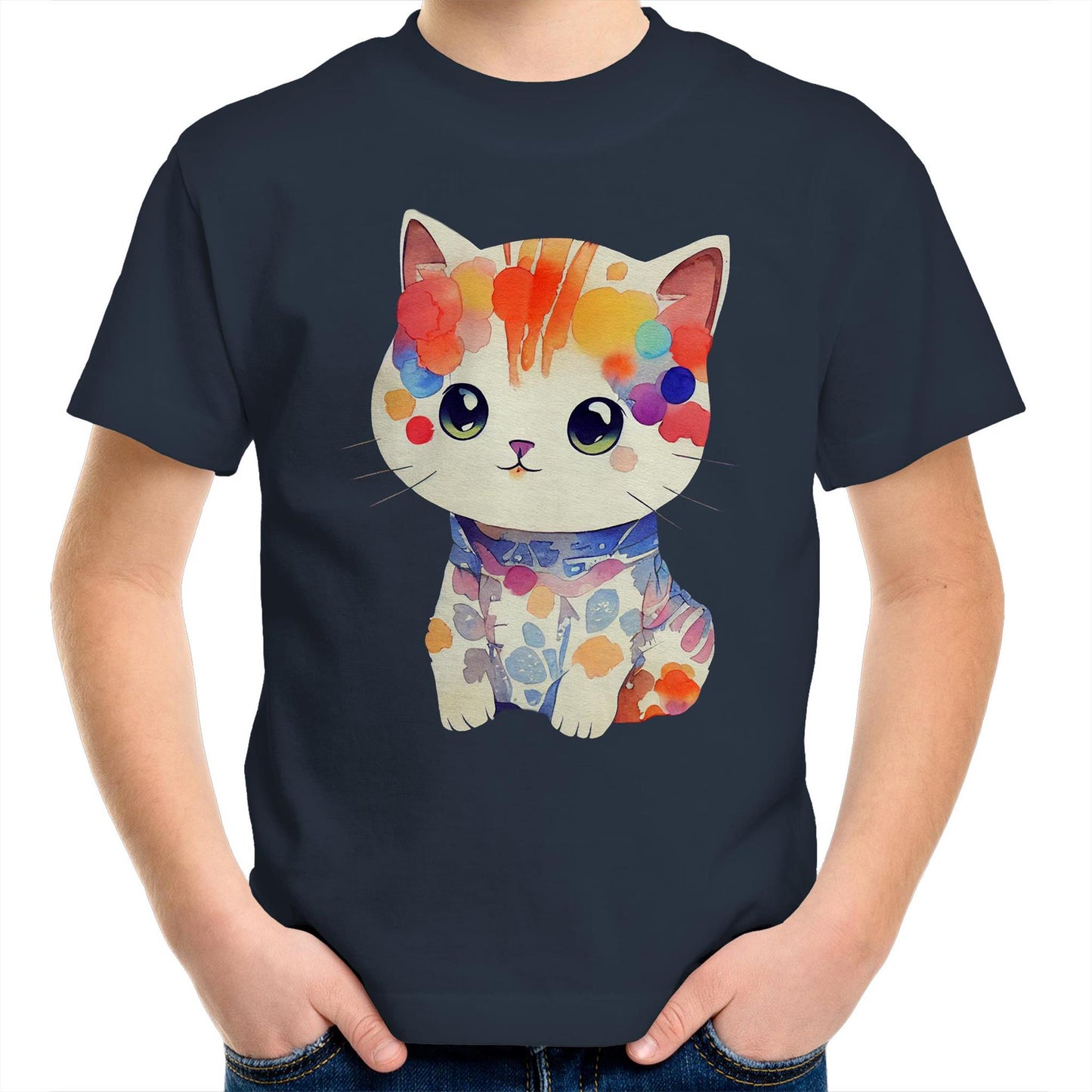 Cute Kitten in Watercolour Kids Youth Crew Kawaii Cotton T-Shirt - Size 2, 4, 6, 8, 10, 12, 14 - Da Boss Mango AU - Navy