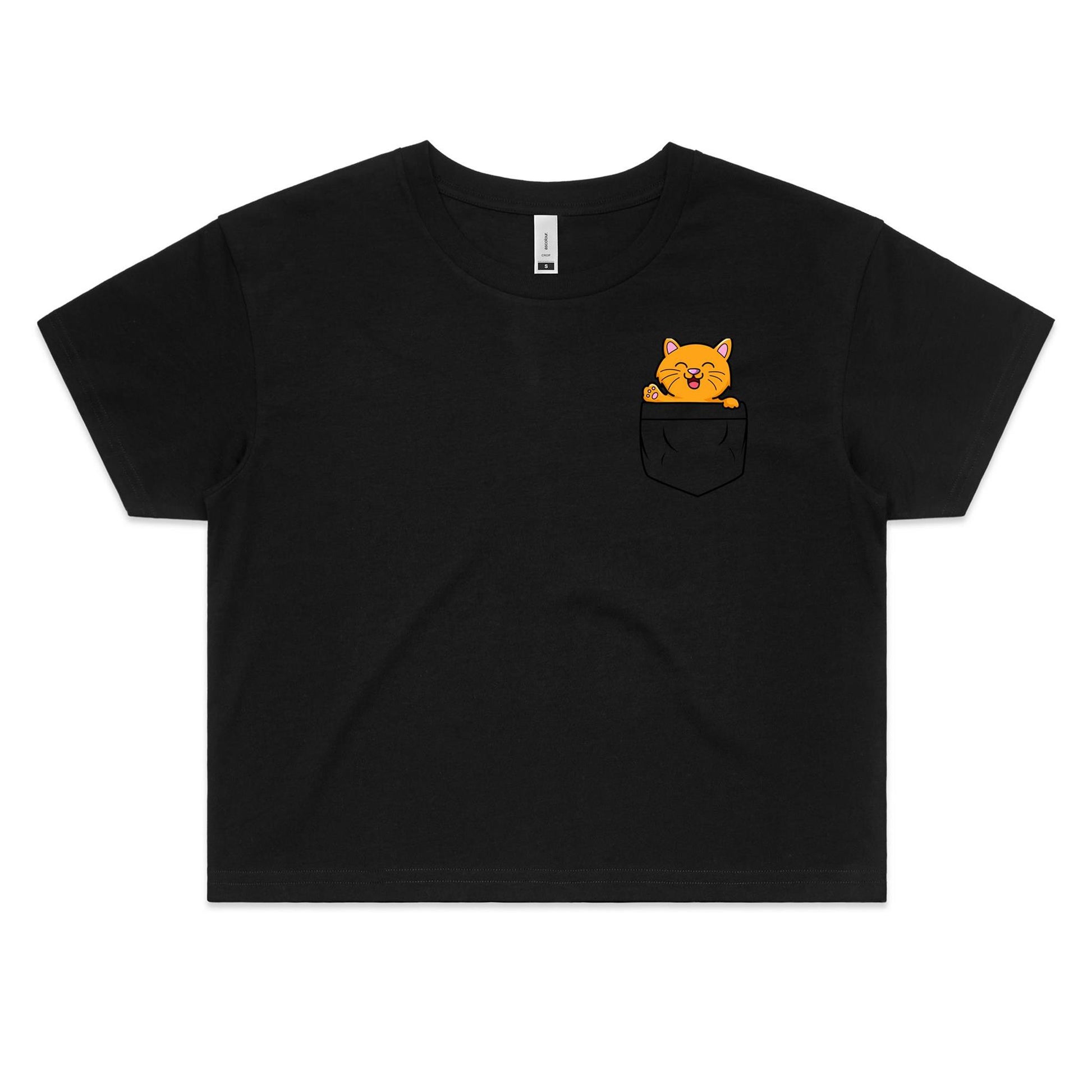 Kitten Mini Mango in a Pocket Women's Cotton Crop Tee - Da Boss Mango AU - Black