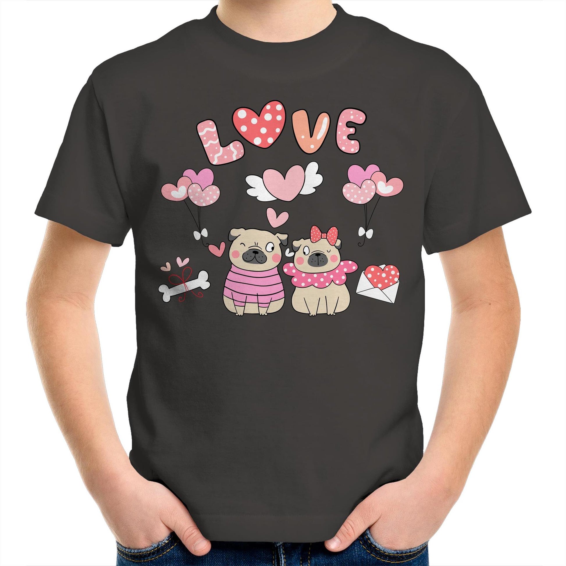 Kawaii Pug Couple Valentine Kids Youth Crew T-Shirt - Pick Colour & Size 2 - 14 - Da Boss Mango AU - 4.8.19