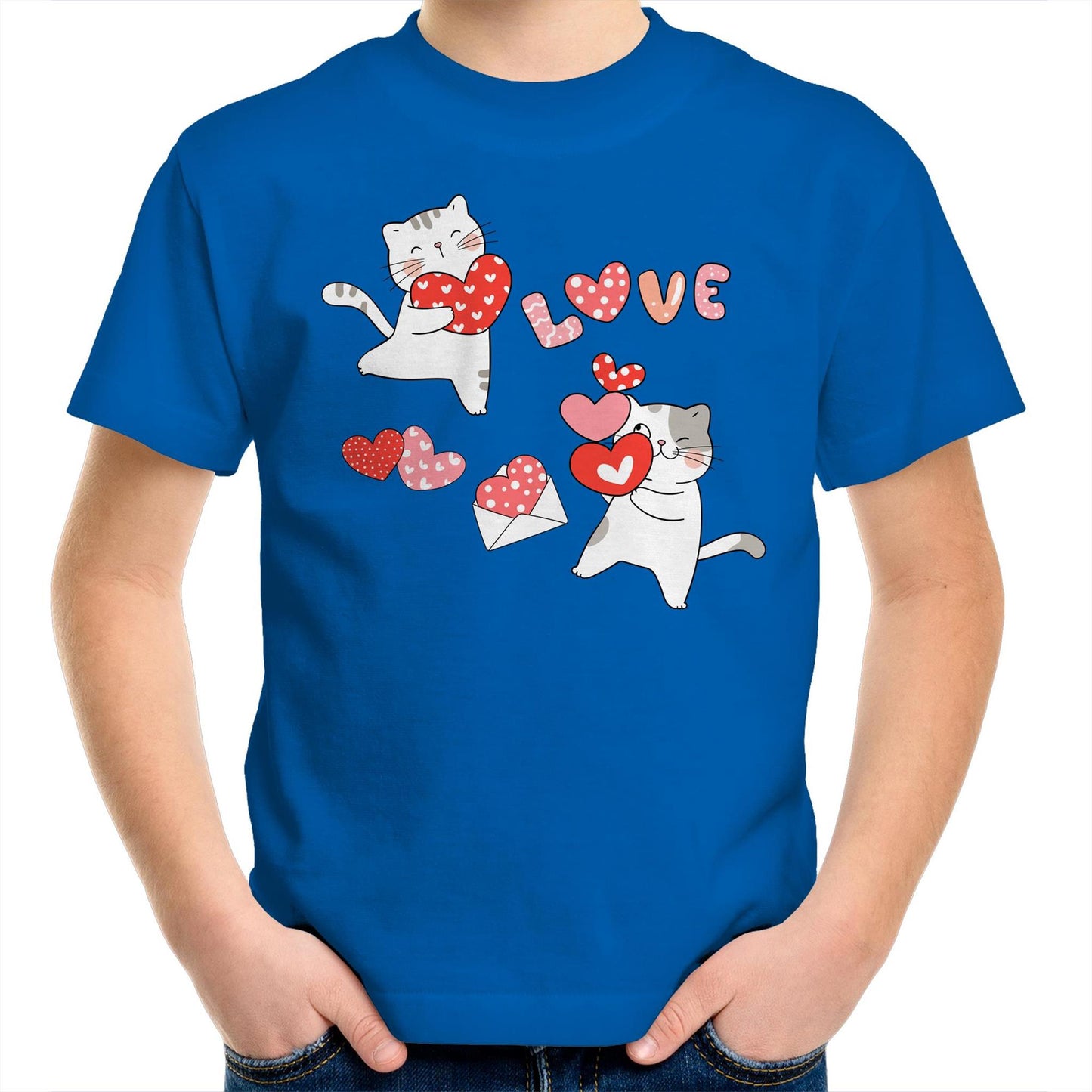 Cute Cat Couple Valentine Kids Youth Crew Cotton T-Shirt - Size 2, 4, 6, 8, 10, 12, 14 - Da Boss Mango AU - Bright Royal Blue