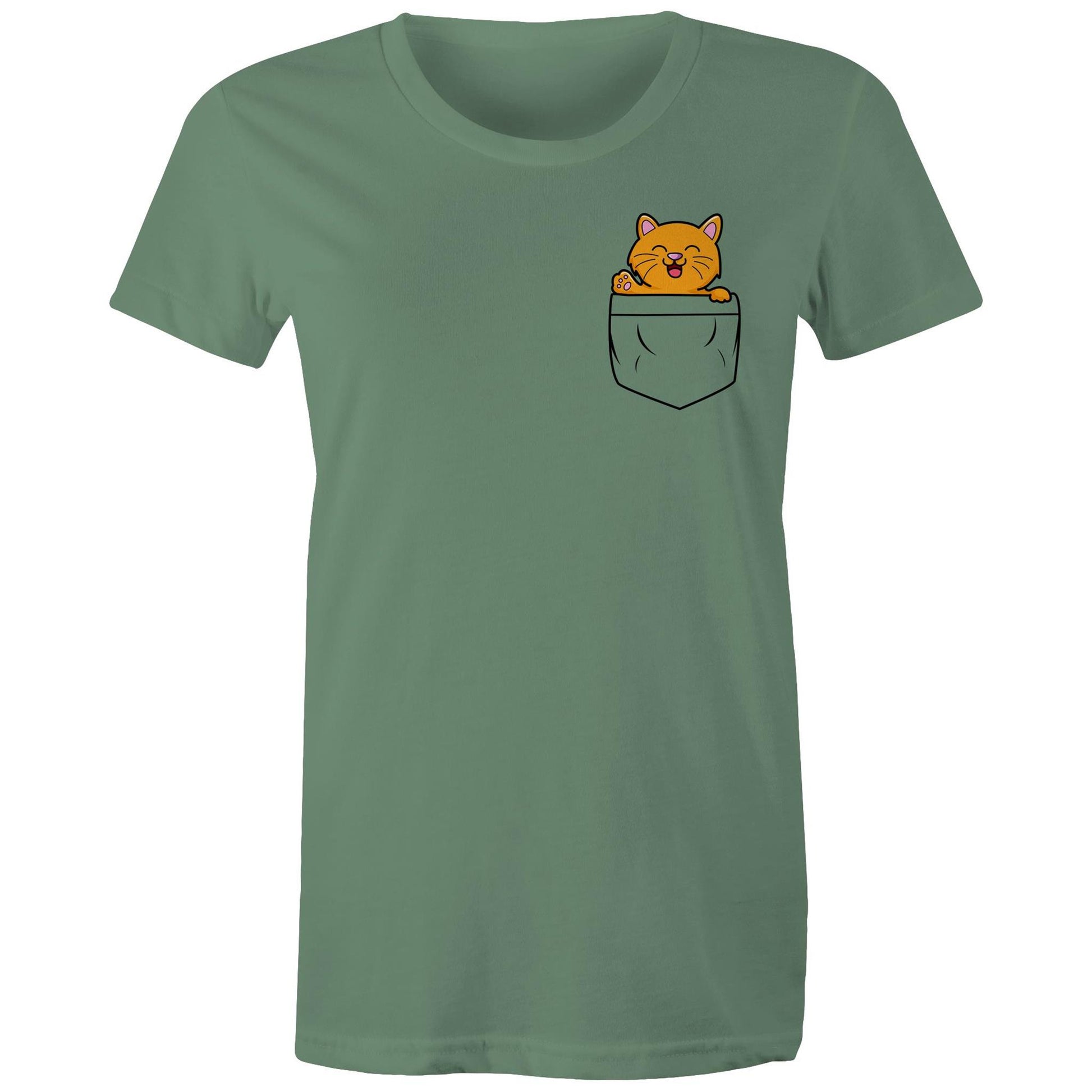 Mini Mango in a Pocket Women's Cotton T-Shirt for Cat Kitten Lovers- Da Boss Mango AU - Sage Green