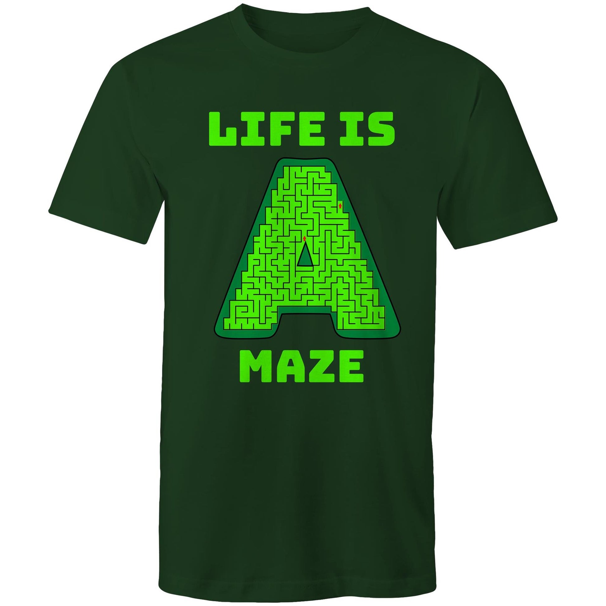 Life is A Maze Men's Playful Funny Cotton T-Shirt - Size S, M, L, XL, 2XL, 3XL, 4XL, 5XL - Da Boss Mango AU - Forest Green