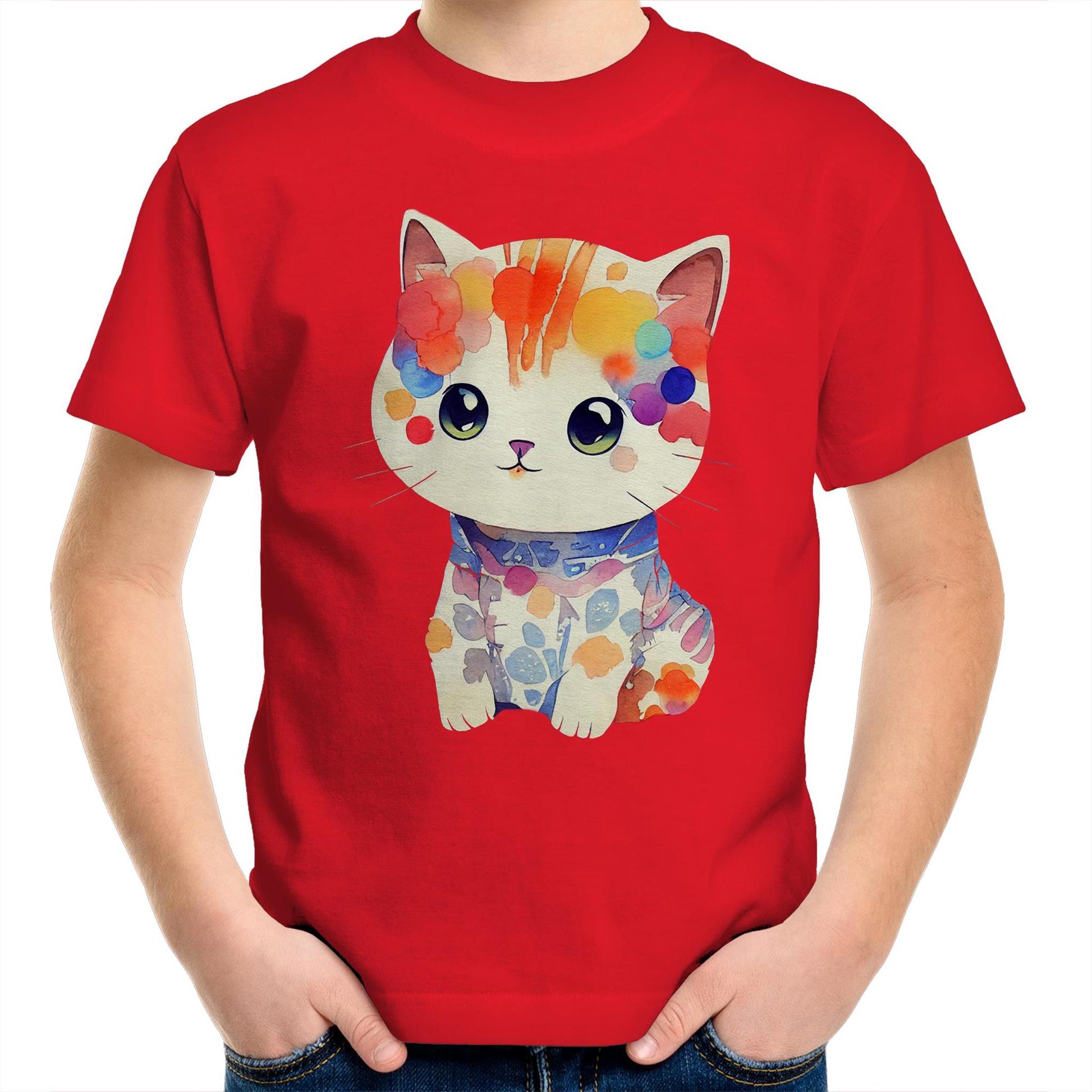 Cute Kitten in Watercolour Kids Youth Crew Kawaii Cotton T-Shirt - Size 2, 4, 6, 8, 10, 12, 14 - Da Boss Mango AU - Red