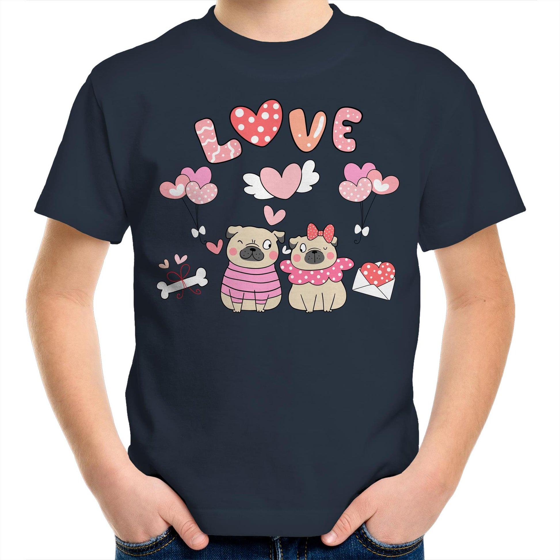 Kawaii Pug Couple Valentine Kids Youth Cotton Crew T-Shirt - Size 2, 4, 6, 8. 10, 12, 14 - Da Boss Mango AU - Navy