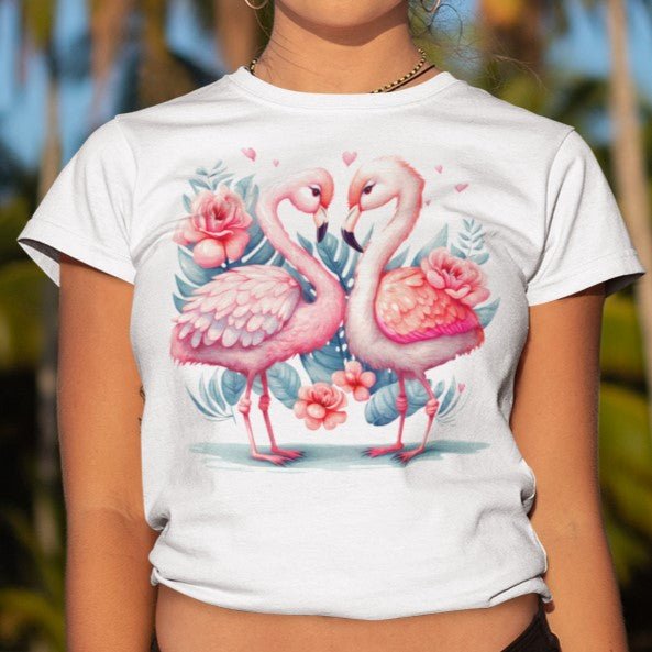 Flamingo Romantic Valentine Women's Cotton Crop Tee for Flamingo and Bird Lovers - Da Boss Mango AU - White