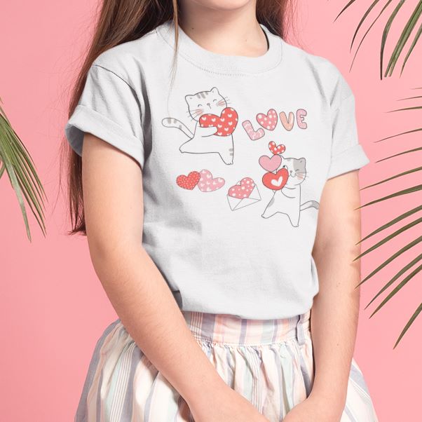 Cute Cat Couple Valentine Kids Youth Crew Cotton T-Shirt - Size 2, 4, 6, 8, 10, 12, 14 - Da Boss Mango AU - White