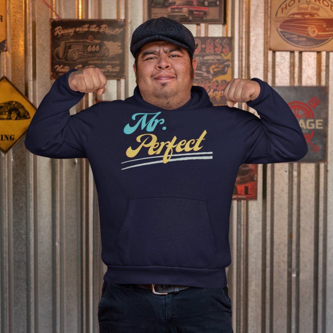 "Mr. Perfect" Pocket Hoodie Sweatshirt Pullover Gift for Husband, Dad, Boyfriend - Da Boss Mango AU - Navy