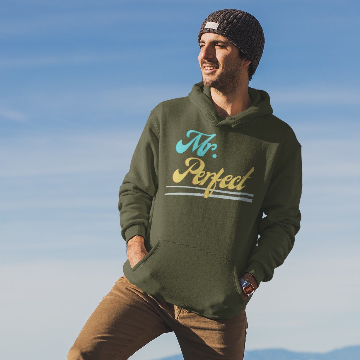 "Mr. Perfect" Pocket Hoodie Sweatshirt Pullover Gift for Husband, Dad, Boyfriend - Da Boss Mango AU - Army Green