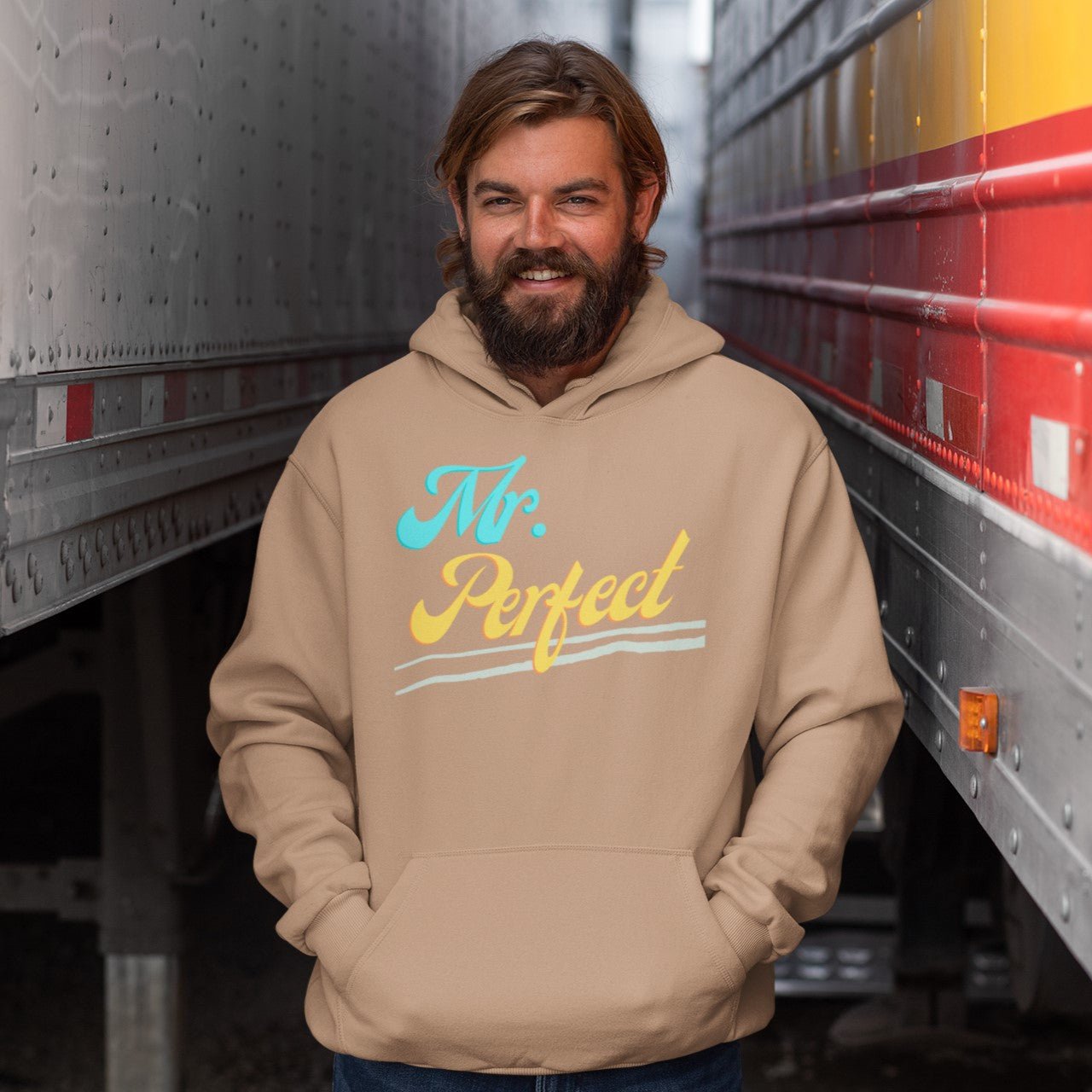 "Mr. Perfect" Pocket Hoodie Sweatshirt Pullover Gift for Husband, Dad, Boyfriend - Da Boss Mango AU - Tan Beige