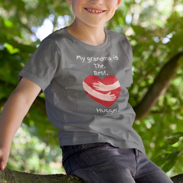 My grandma is The. Best. Hugger. Kids Crew Cotton T-Shirt for Boys Size 2, 4, 6, 8, 10, 12, 14 - Da Boss Mango AU - Charcoal