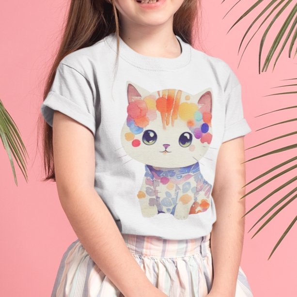 Cute Kitten in Watercolour Kids Youth Crew Kawaii Cotton T-Shirt - Size 2, 4, 6, 8, 10, 12, 14 - Da Boss Mango AU - White