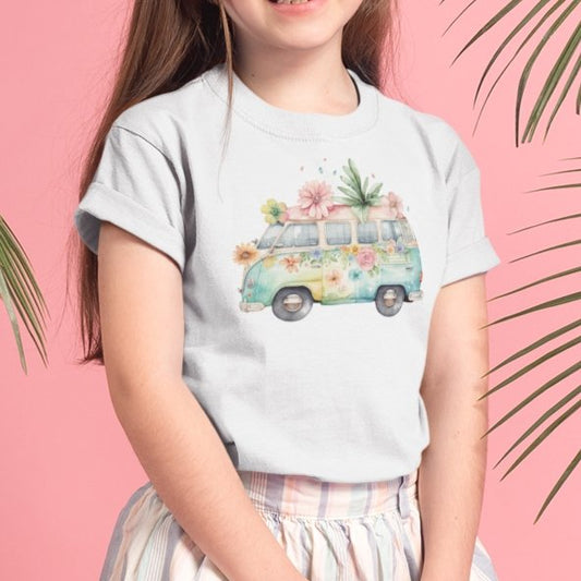 Happy Retro Camping Car Kids Youth Crew Cotton T-Shirt for Girls - Size 2, 4, 6, 8, 10, 12, 14 - Da Boss Mango AU - White