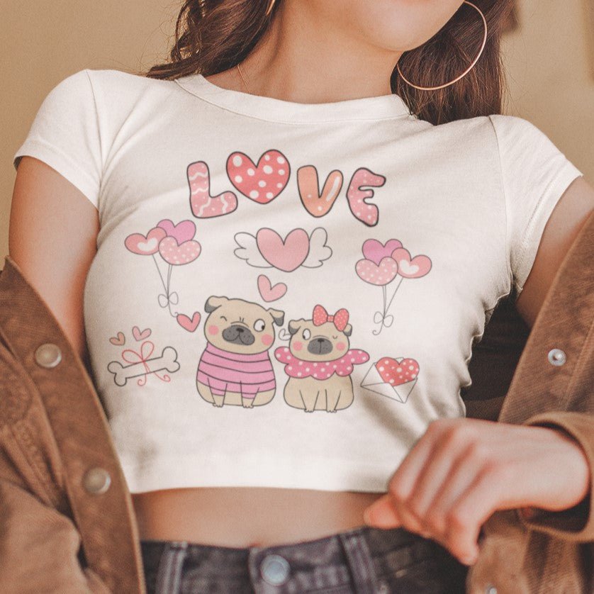 Cute Pug Couple with Heart-shaped Balloons Valentine Women's Kawaii Cotton Crop Tee - Da Boss Mango AU - White