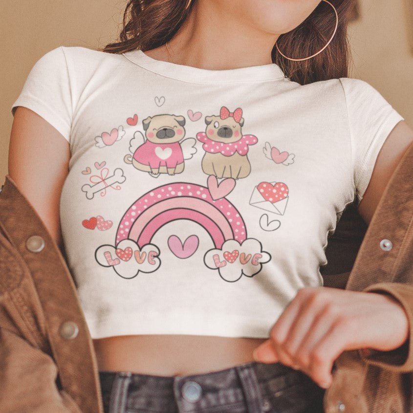 Cute Pug Couple's Date Over the Rainbow Valentine Women's Kawaii Cotton Crop Tee - Da Boss Mango AU - White