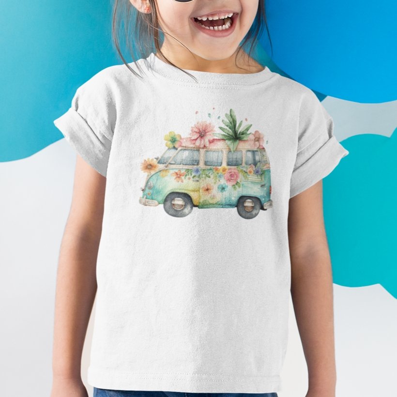 Happy Retro Camping Car Kids Youth Crew Cotton T-Shirt for Girls - Size 2, 4, 6, 8, 10, 12, 14 - Da Boss Mango AU - White