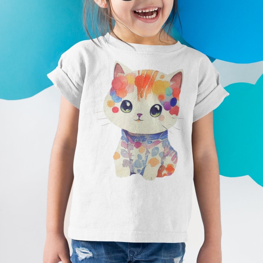 Cute Kitten in Watercolour Kids Youth Crew Kawaii Cotton T-Shirt - Size 2, 4, 6, 8, 10, 12, 14 - Da Boss Mango AU - White