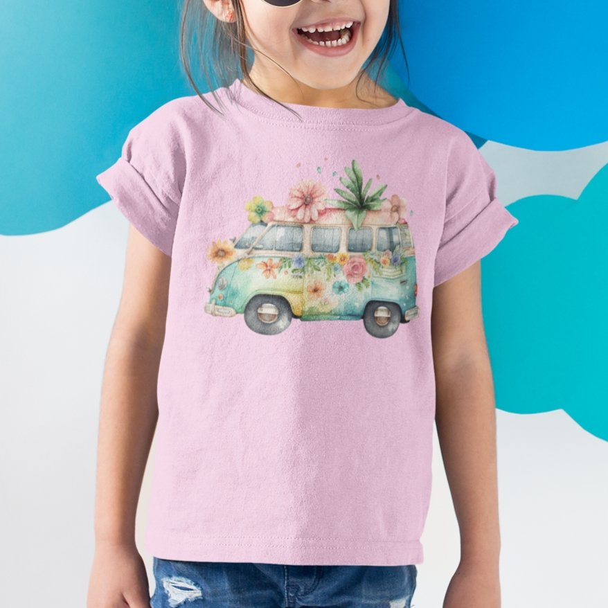 Happy Retro Camping Car Kids Youth Crew Cotton T-Shirt for Girls - Size 2, 4, 6, 8, 10, 12, 14 - Da Boss Mango AU - Pink