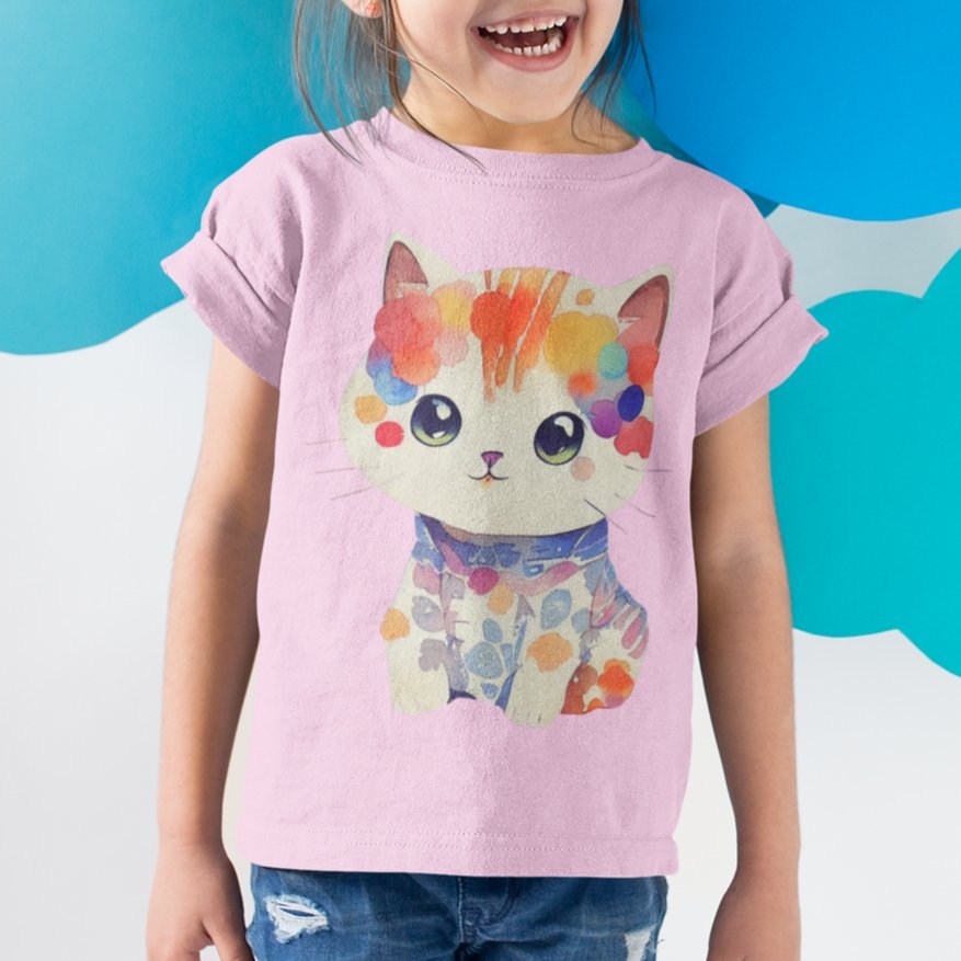 Cute Kitten in Watercolour Kids Youth Crew Kawaii Cotton T-Shirt - Size 2, 4, 6, 8, 10, 12, 14 - Da Boss Mango AU - Pink