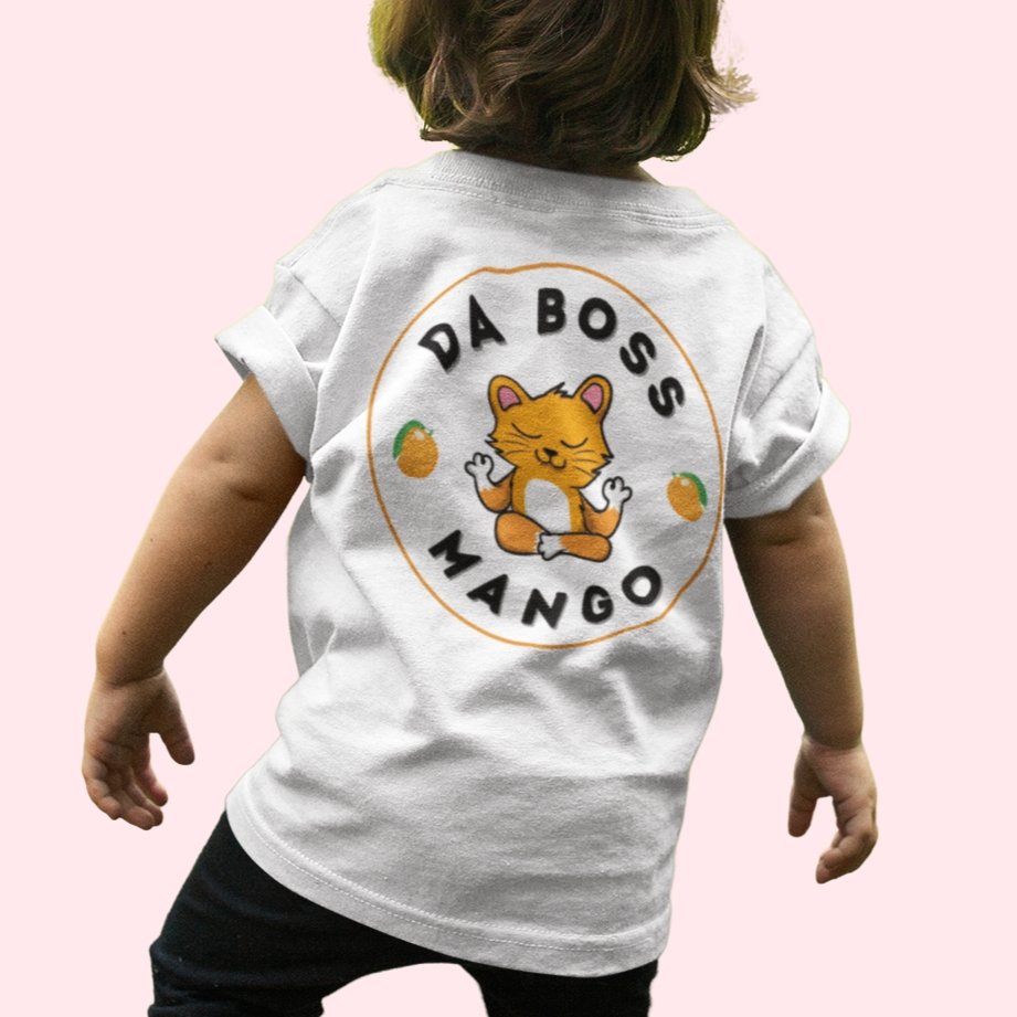 Da Boss Mango Kids Youth Crew Cotton T-Shirt Logo on back - Size 2, 4, 6, 8, 10, 12,14 - Da Boss Mango AU - White