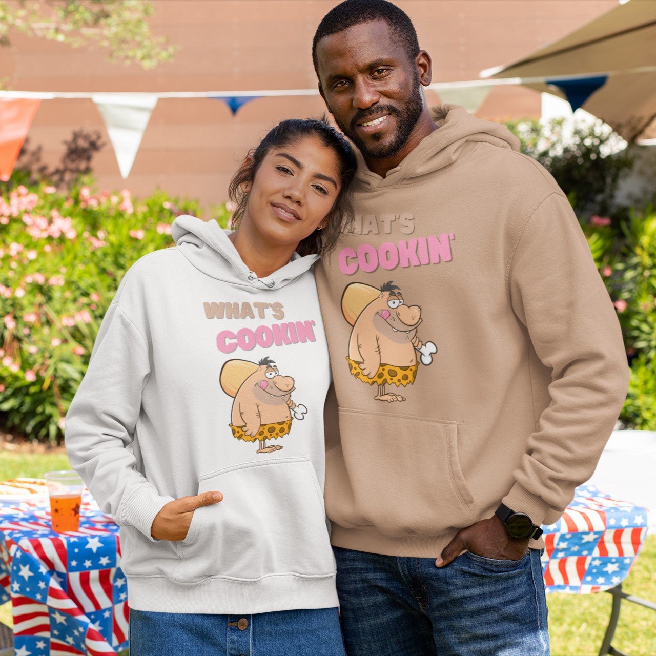 Couple wearing What's Cookin' Funny Unisex Pocket Hoodie Sweatshirt Pullover matching together - Da Boss Mango AU -